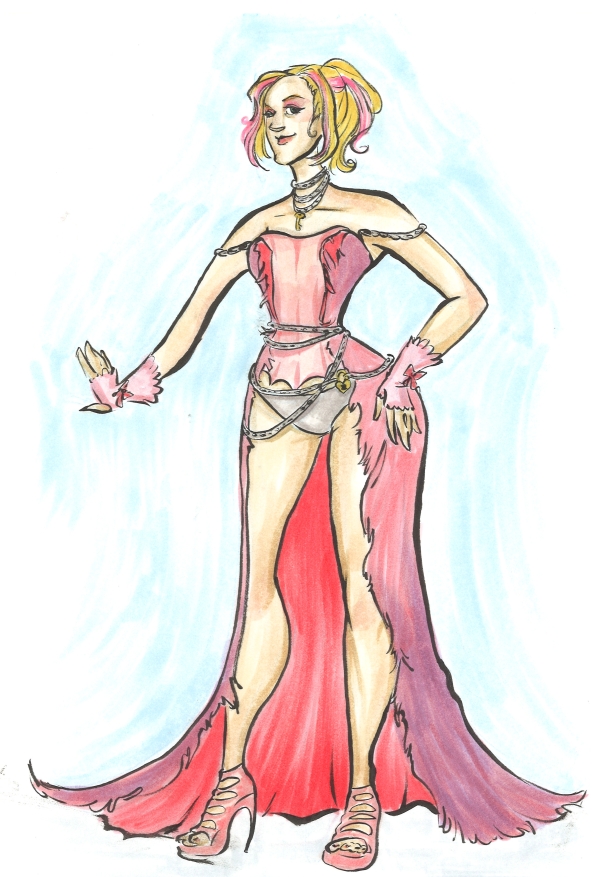 marker drawing of a woman in a ragged pink evening gown with a visible chastity belt fashion rendering