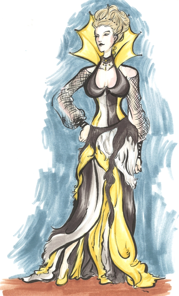 marker drawing of a regal woman wearing an opulent tattered gown in gold, black, and white fashion rendering
