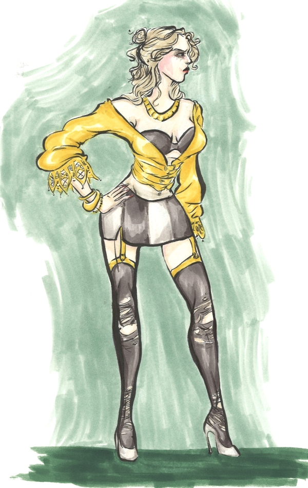 marker drawing of a debauched blonde woman wearing gold, black, and white fashion rendering