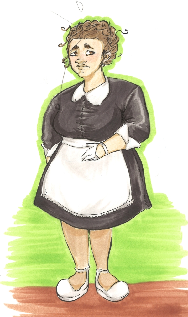 marker drawing of a grimacing maid fashion rendering