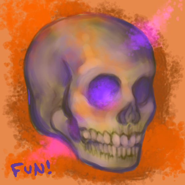 digital drawing of an orange and purple glowing skull