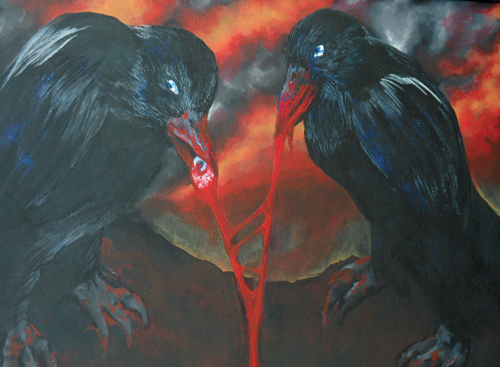 bloody acrylic painting of a pair of ravens eating a gory eyeball against a hellish cloudscape