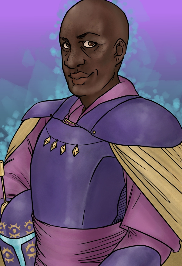digital art drawing of a bald black woman with freckles wearing purple and gold mandalorian armor