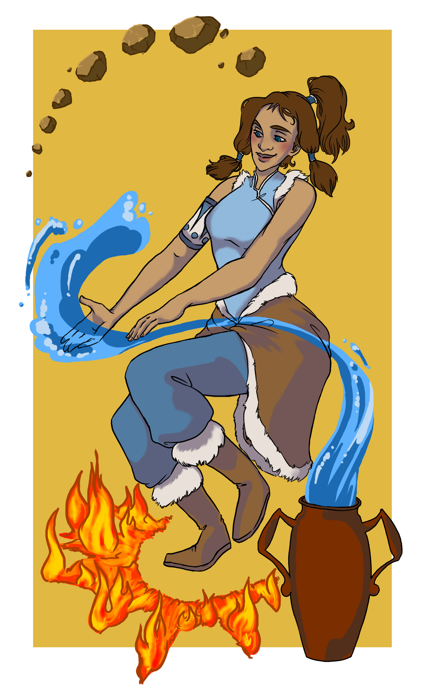 Digital drawing of Korra bending three of the four elements