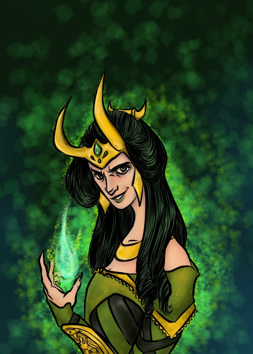 digital art drawing of lady loki with a sparkling green aura