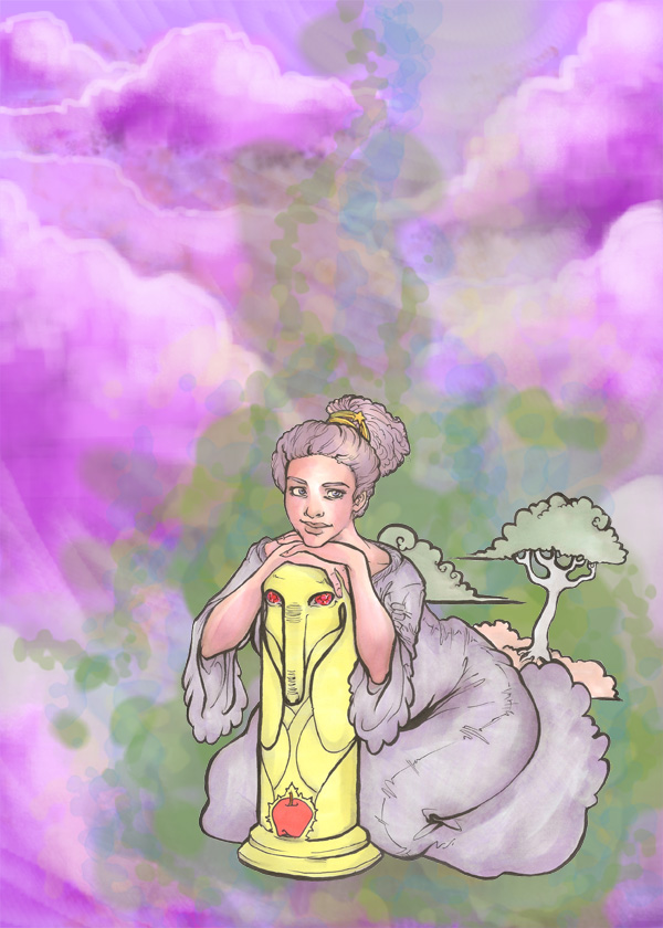 digitally enhanced marker drawing of lumpy space princess posing next to a statue of treetrunks