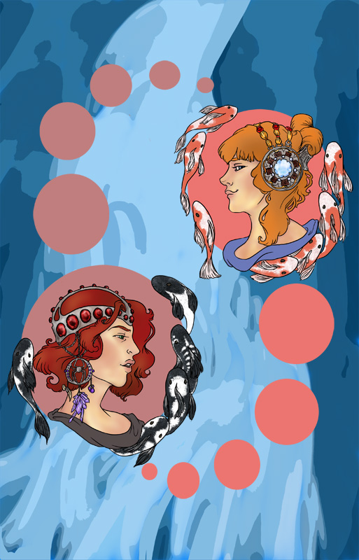 digital art drawings of pepper potts and natasha romanov as alphone mucha medallions with koi fish
