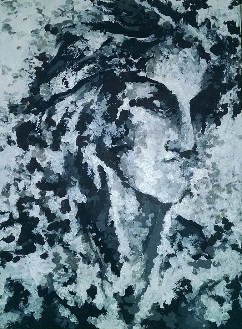 black and white monochrome painting of an abstracted female face
