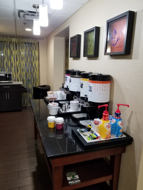 free coffee and tea in the lobby of a Hampton Inn by Hilton