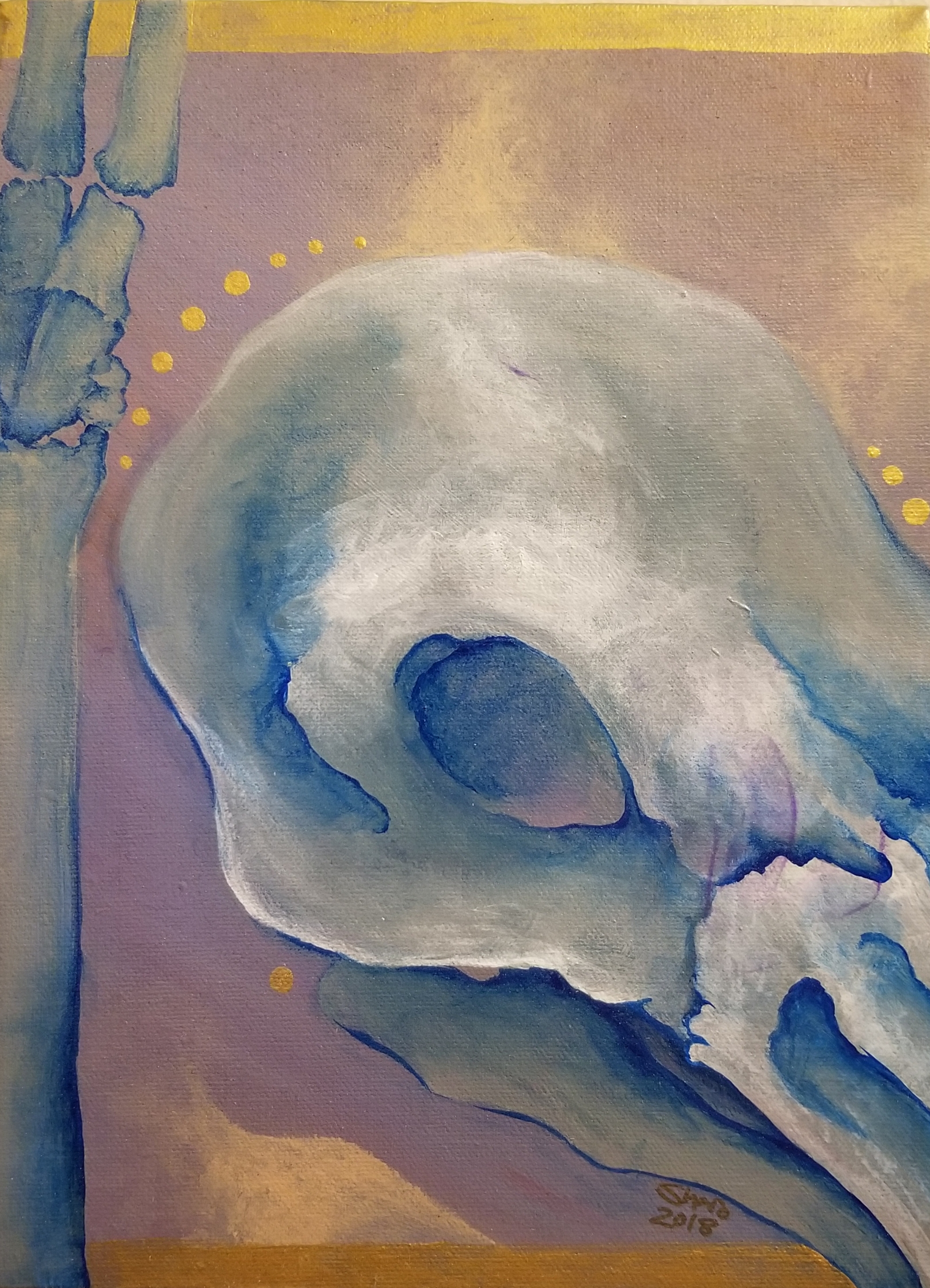 acrylic painting of a blue bird sll and a blue wrist bone over a purple and gray abstract background with geometric gold details