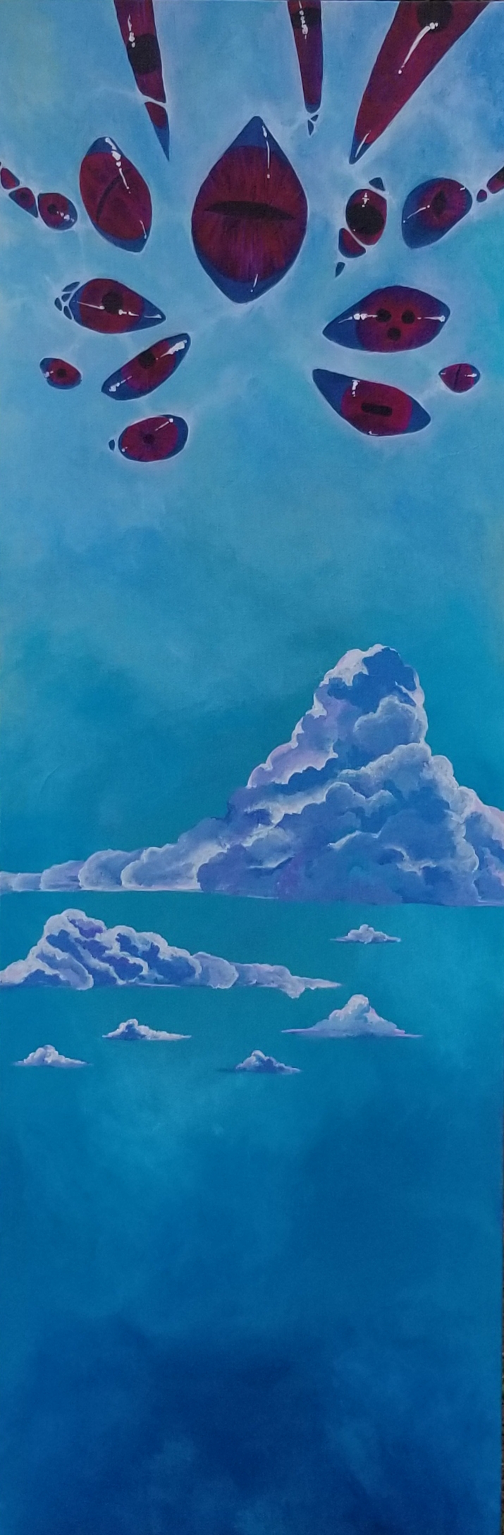 acrylic painting of a cluster of dark purple eyes opening high in a membrane like sky over puffy blue and white clouds