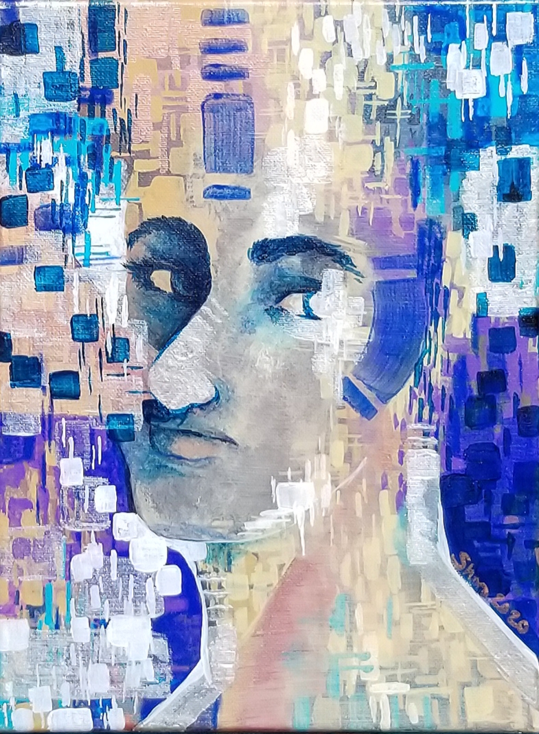 acrylic painting of an abstract face of a woman looking pensive in silver copper purple blue yellow and white with geometric shapes