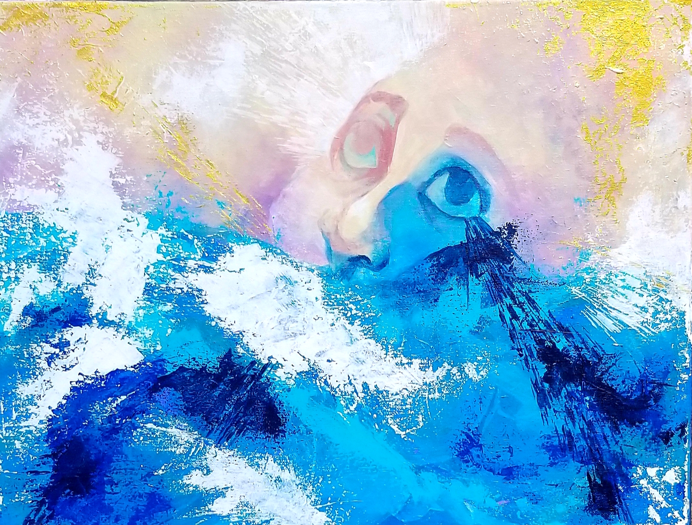 abstract acrylic painting of a shoreline with the suffering face of a saint pleading heavenward while weeping into the ocean in blue white beige purple and gold paint with geometric shapes resembling arrows and halo